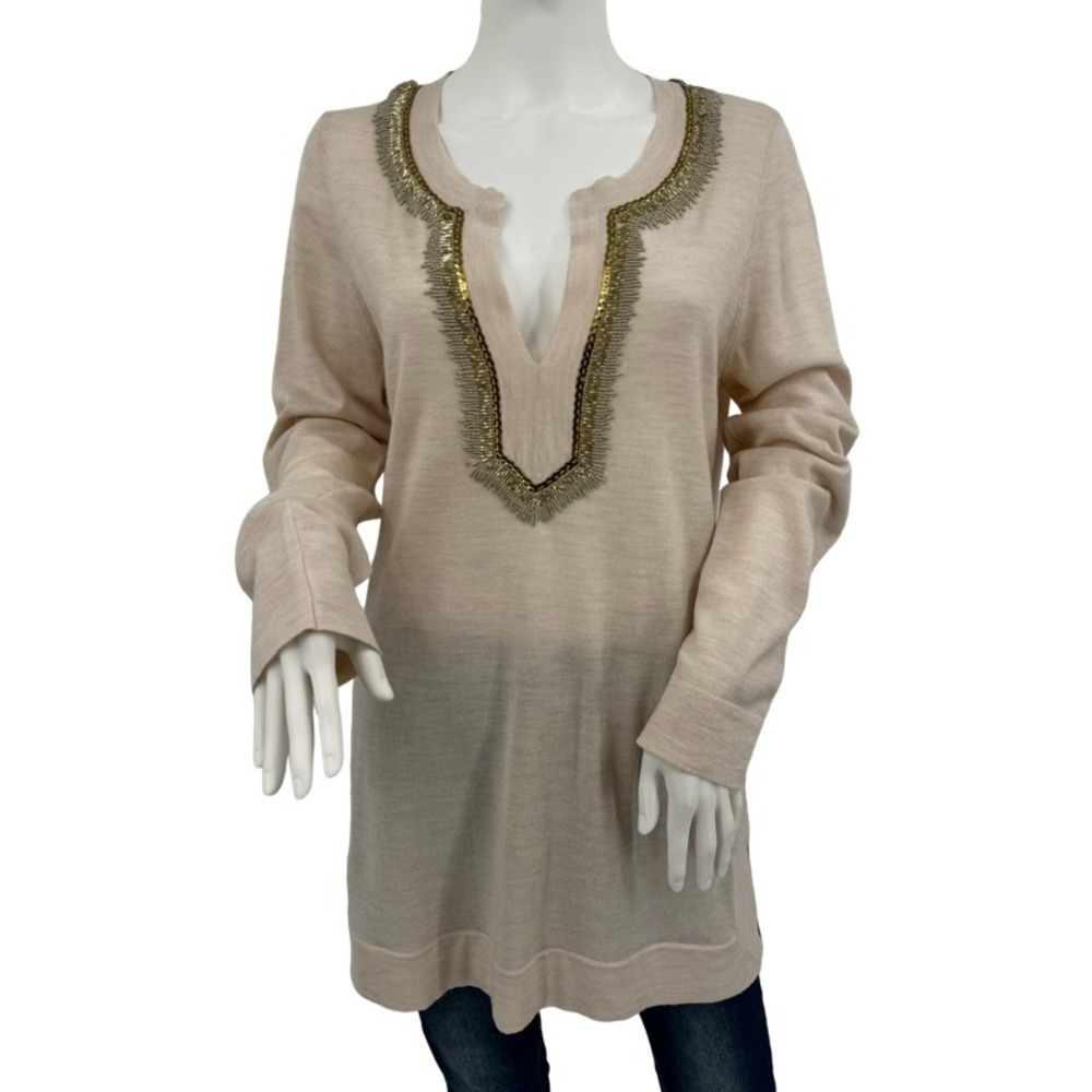 TORY BURCH NWT Womens XL Tunic Sweater Beige Merino Wool Beaded Split Neck *FLAW
